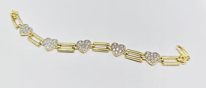 10K GOLD WHITE SAPPHIRE LINK HEART BRACELET- WEIGHT: 22.1gm