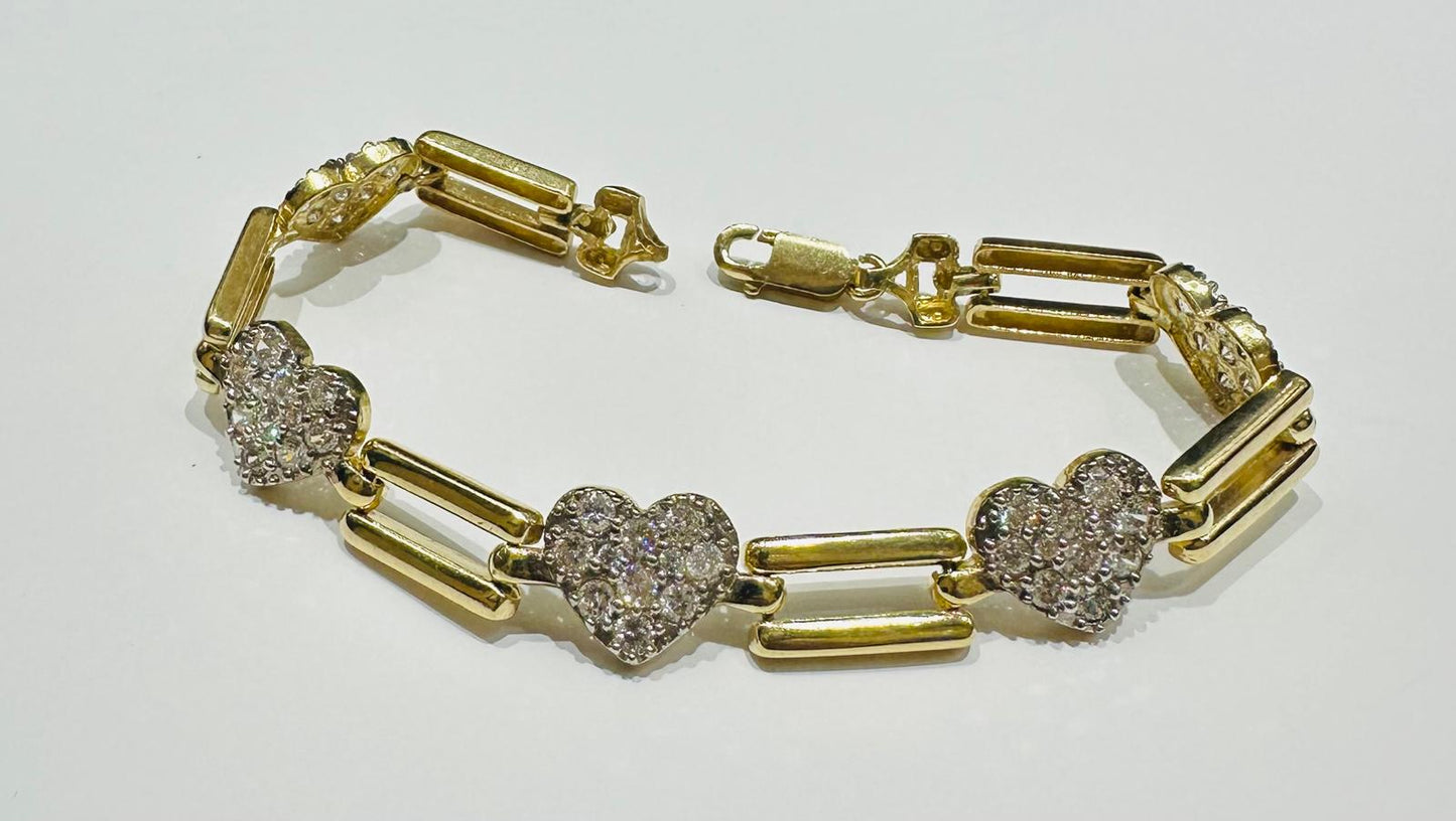 10K GOLD WHITE SAPPHIRE LINK HEART BRACELET- WEIGHT: 22.1gm
