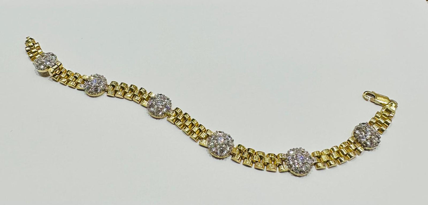10K GOLD ROLEX LINK WHITE SAPPHIRE BRACELET- WEIGHT: 24.6gm