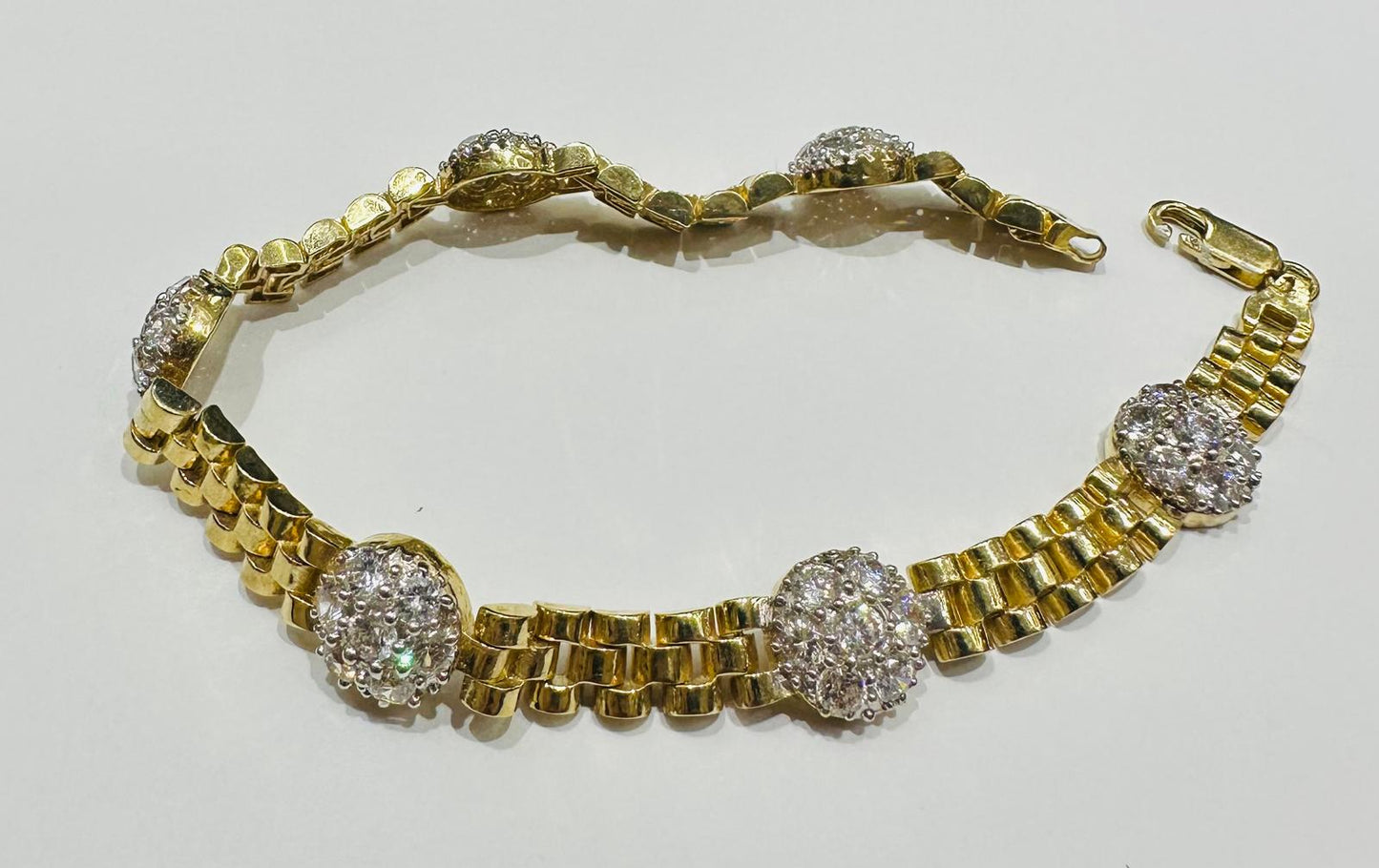 10K GOLD ROLEX LINK WHITE SAPPHIRE BRACELET- WEIGHT: 24.6gm