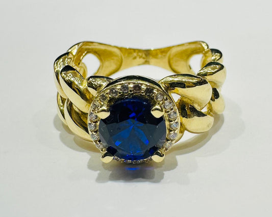 14K GOLD BLUE SAPPHIRE RING WITH CZ STONES- WEIGHT: 3.4gm