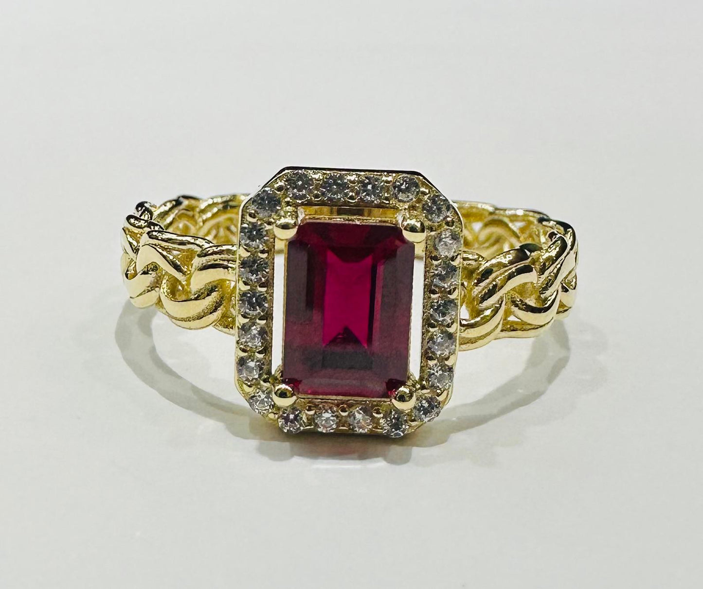14K GOLD RED RUBY RING WITH CZ STONES- WEIGHT: 3.4gm