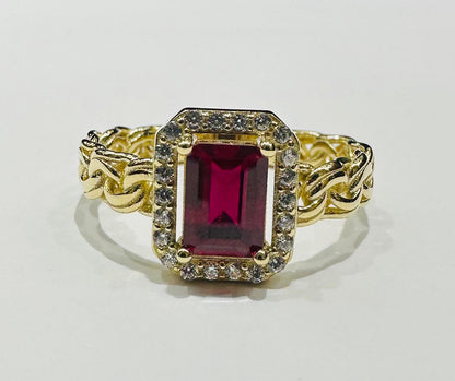 14K GOLD RED RUBY RING WITH CZ STONES- WEIGHT: 3.4gm
