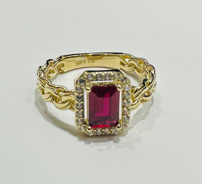 14K GOLD RED RUBY RING WITH CZ STONES- WEIGHT: 3.4gm