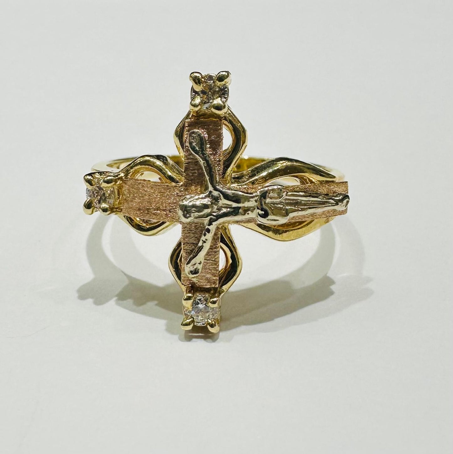 14K GOLD TWO TONED CROSS RING WITH CZ STONES- WEIGHT: 3.7gm