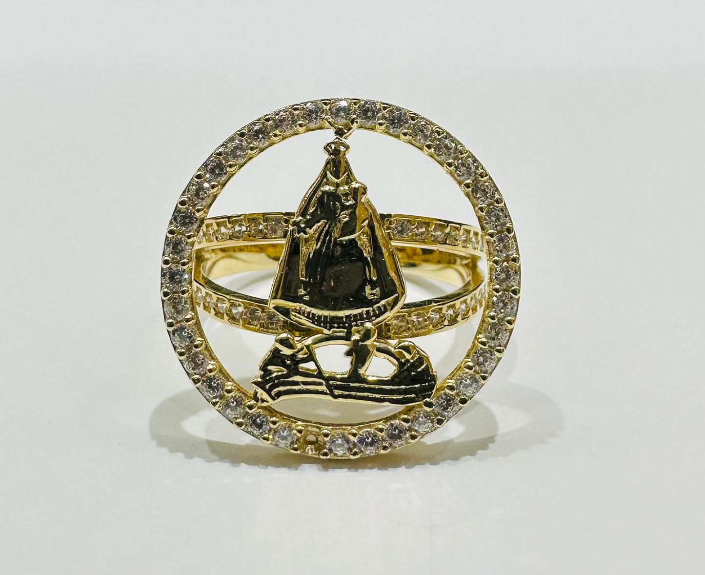 14K GOLD VIRGIN OF CHARITY RING WITH CZ STONES- WEIGHT: 4.4gm