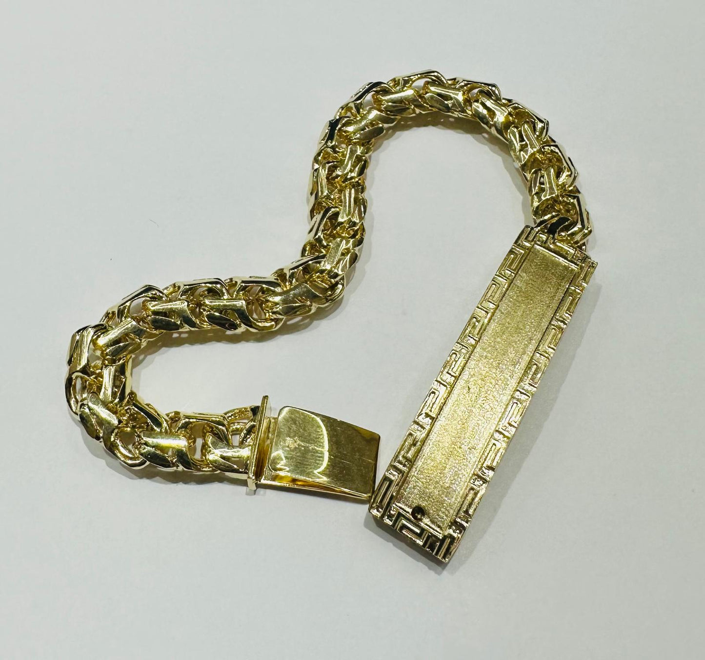 10K GOLD CHINO LINK GREEK ID BRACELET-  9"  WEIGHT: 50.4gm