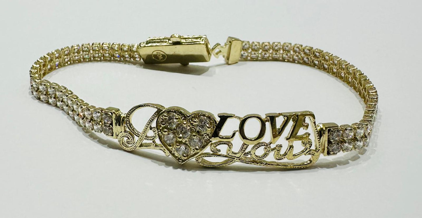 10K GOLD WHITE SAPPHIRE " I LOVE YOU " TENNIS BRACELET - WEIGHT: 8.3gm