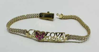 10K GOLD WHITE SAPPHIRE " I LOVE YOU " TENNIS BRACELET - WEIGHT: 8.6gm
