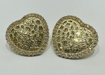 10K GOLD HEART NUGGET EARRINGS WITH WHITE SAPPHIRE- WEIGHT: 4.4gm