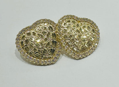10K GOLD HEART NUGGET EARRINGS WITH WHITE SAPPHIRE- WEIGHT: 4.4gm