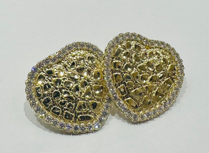 10K GOLD HEART NUGGET EARRINGS WITH WHITE SAPPHIRE- WEIGHT: 2.9gm