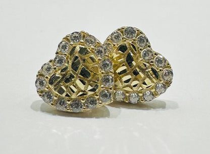 10K GOLD HEART NUGGET EARRINGS WITH WHITE SAPPHIRE- WEIGHT: 1.2gm