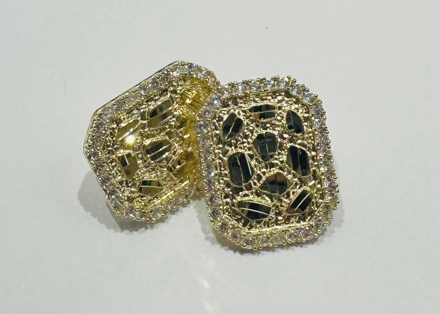 10K GOLD NUGGET EARRINGS WITH WHITE SAPPHIRE- WEIGHT: 3.7gm