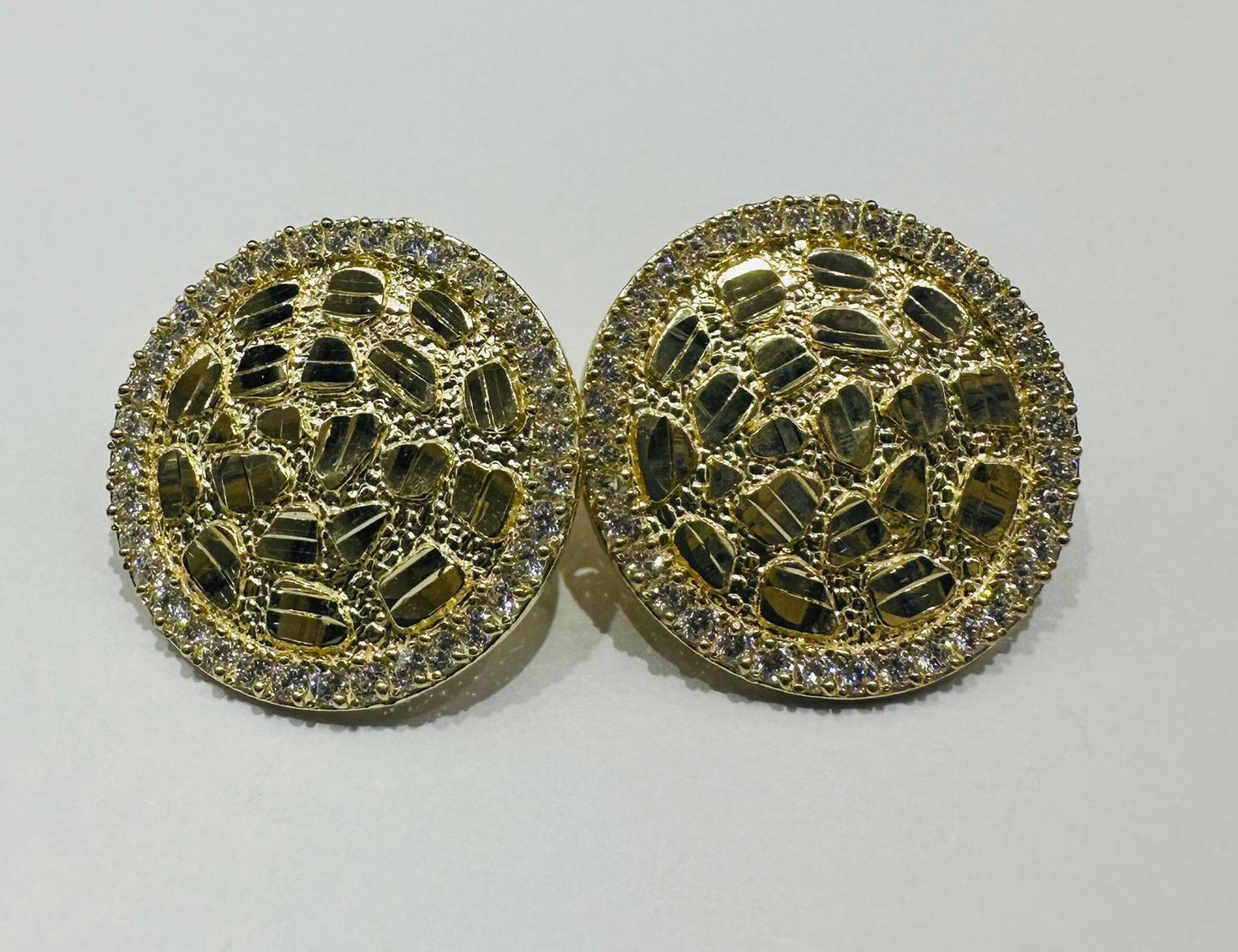 10K GOLD ROUND NUGGET EARRINGS WITH WHITE SAPPHIRE- WEIGHT: 4.0gm