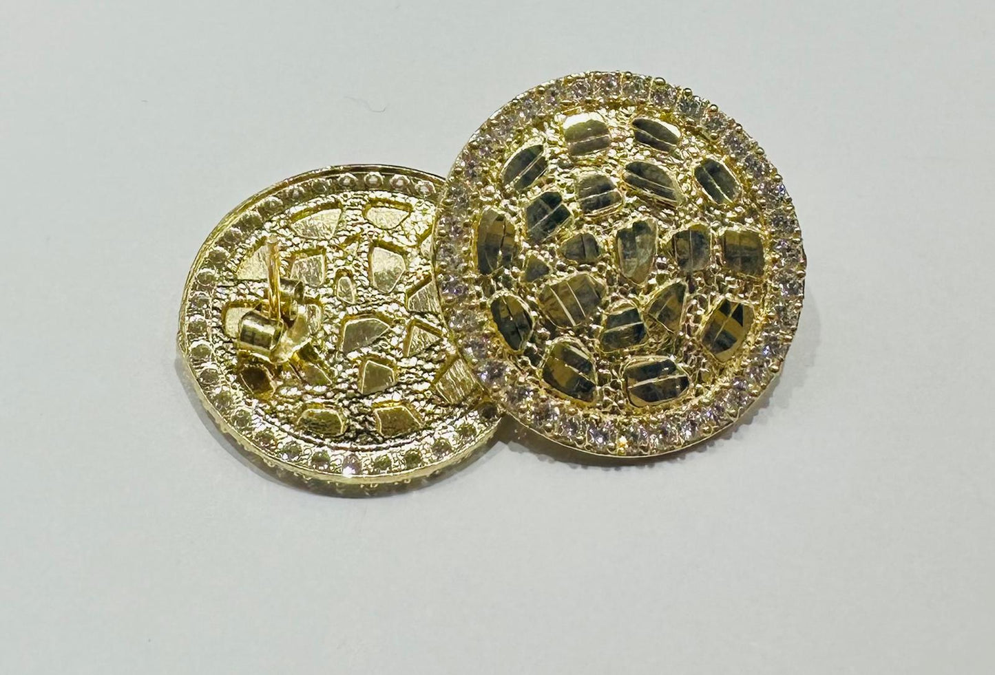 10K GOLD ROUND NUGGET EARRINGS WITH WHITE SAPPHIRE- WEIGHT: 4.0gm