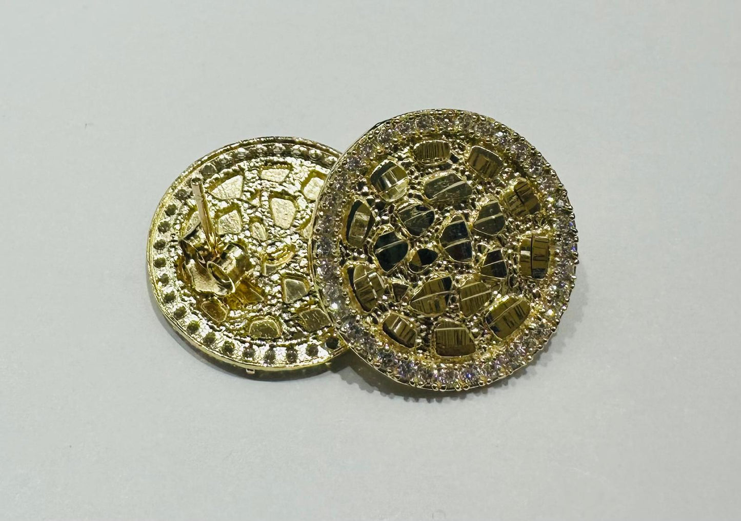 10K GOLD ROUND NUGGET EARRINGS WITH WHITE SAPPHIRE- WEIGHT: 3.1gm