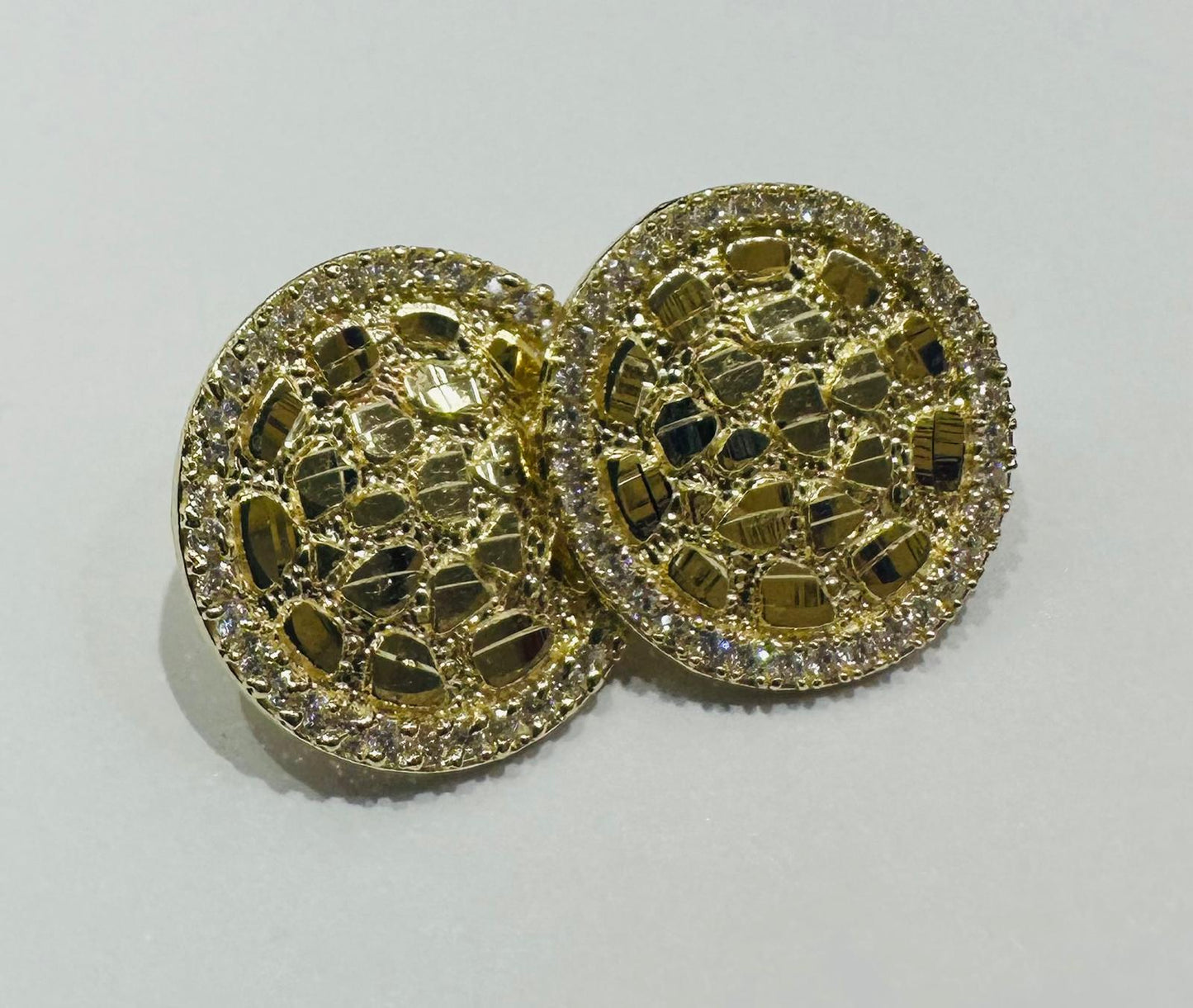 10K GOLD ROUND NUGGET EARRINGS WITH WHITE SAPPHIRE- WEIGHT: 3.1gm