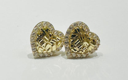 10K GOLD HEART NUGGET EARRINGS WITH WHITE SAPPHIRE- WEIGHT: 1.9gm