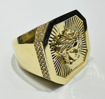 10K GOLD MEDUSA HEAD RING WITH WHITE SAPPHIRE- WEIGHT: 10.6gm