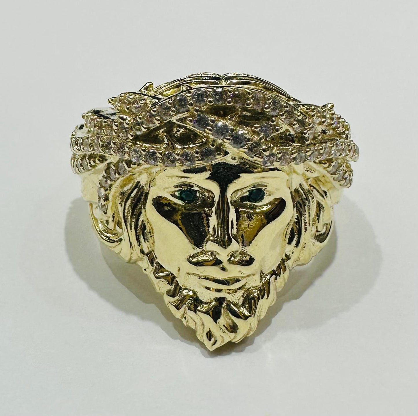 10K GOLD JESUS RING WITH WHITE SAPPHIRE- WEIGHT: 8.2gm
