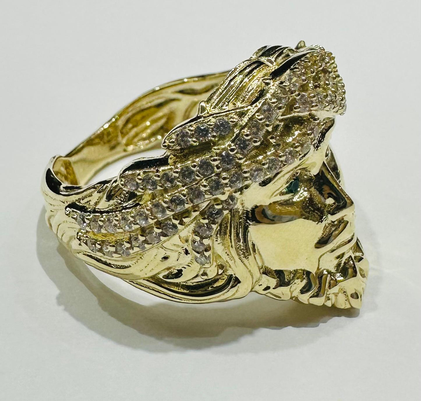 10K GOLD JESUS RING WITH WHITE SAPPHIRE- WEIGHT: 8.2gm