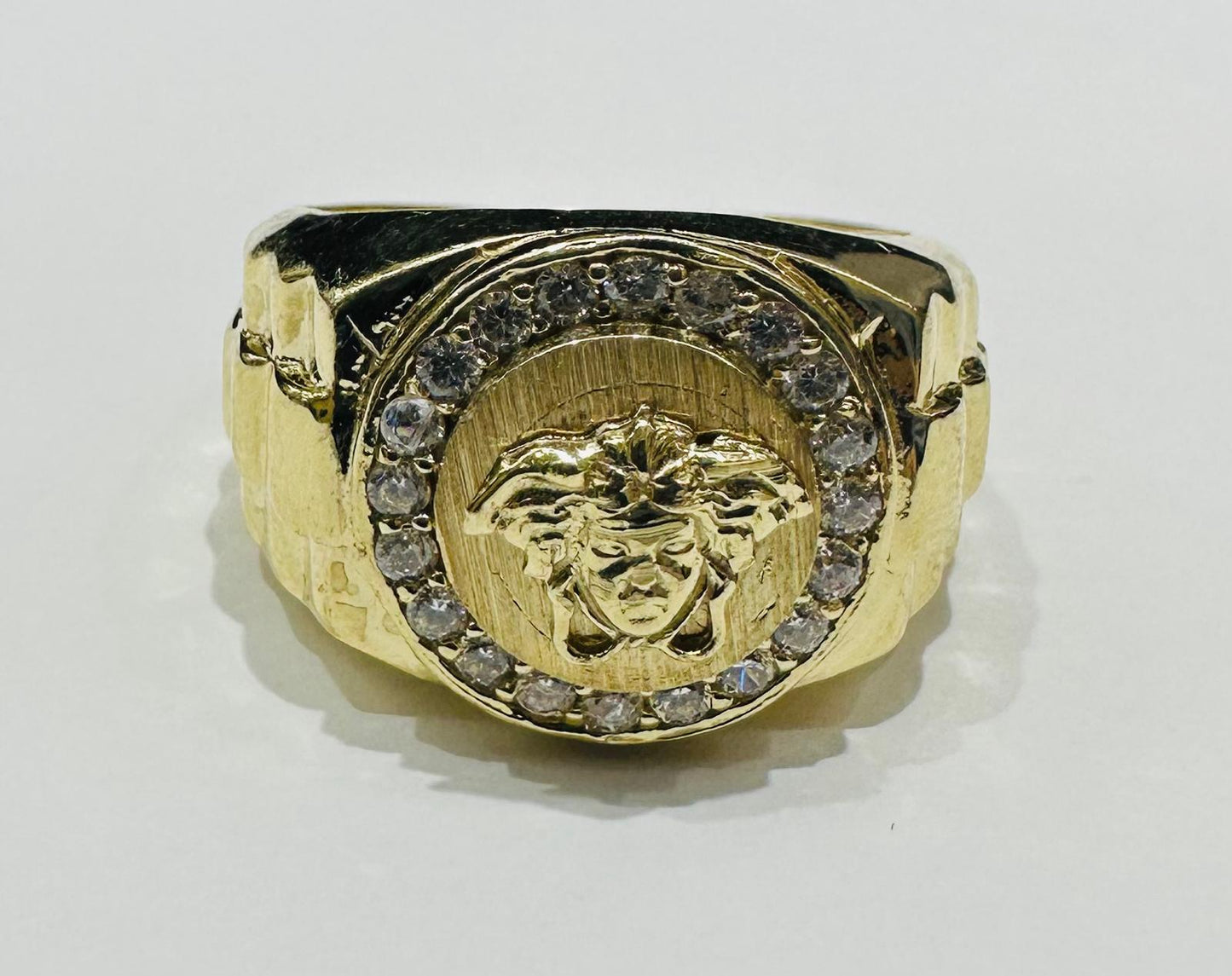 10K GOLD MEDUSA HEAD RING WITH WHITE SAPPHIRE- WEIGHT: 7.5gm