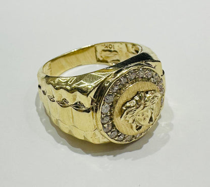 10K GOLD MEDUSA HEAD RING WITH WHITE SAPPHIRE- WEIGHT: 7.5gm