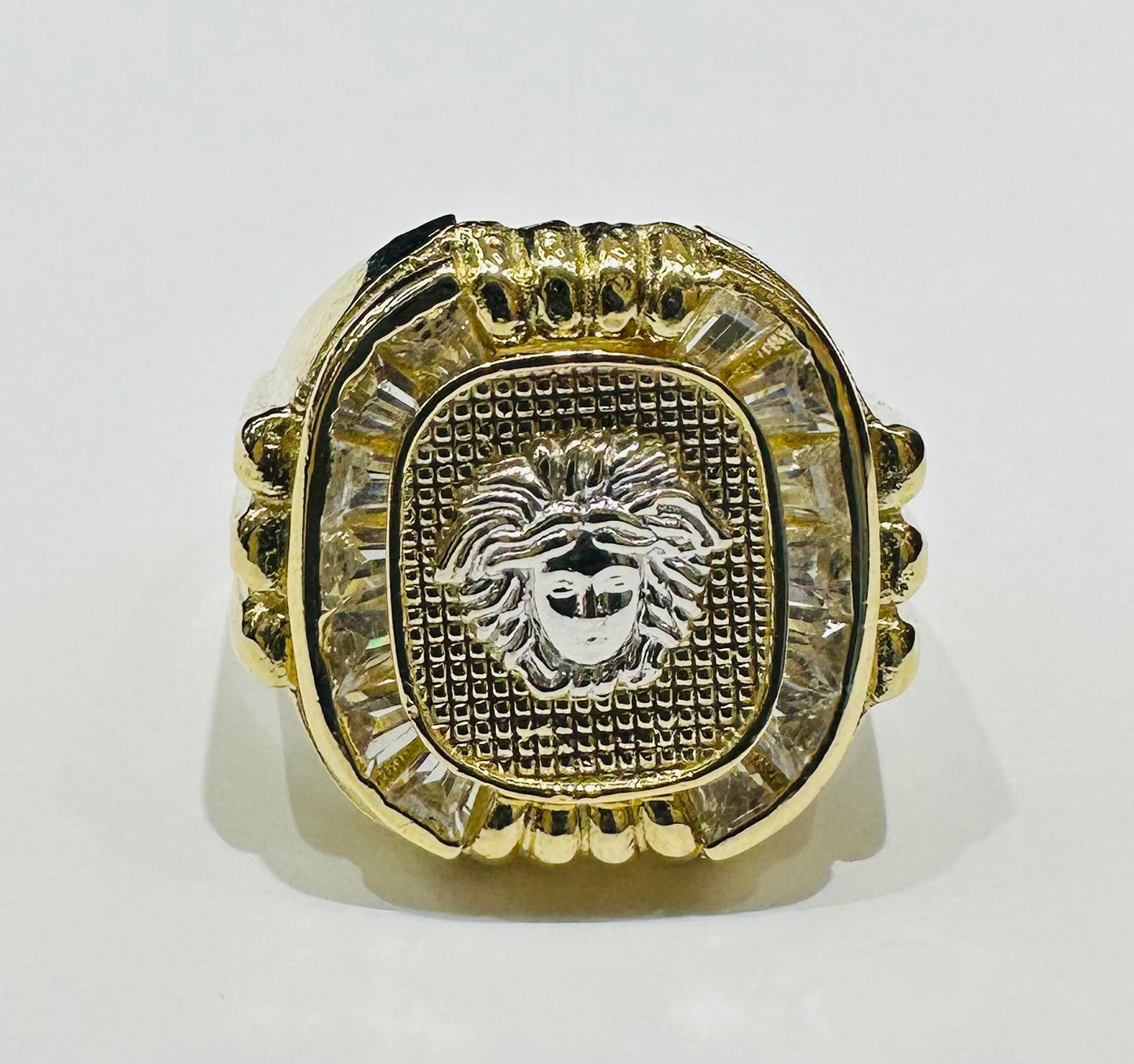10K GOLD TWO TONED MEDUSA HEAD RING WITH CZ STONES- WEIGHT: 10.6gm