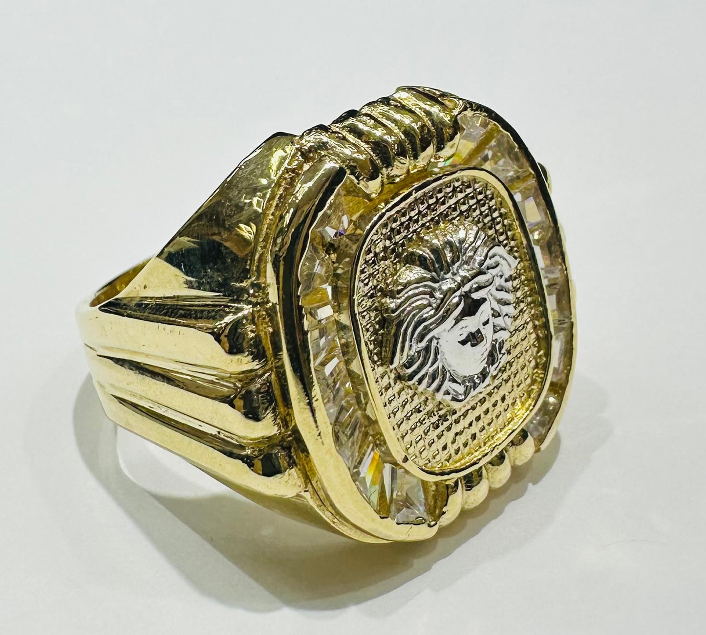 10K GOLD TWO TONED MEDUSA HEAD RING WITH CZ STONES- WEIGHT: 10.6gm
