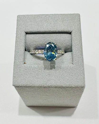 14K GOLD LAB GROWN BLUE OVAL VS1/VS2 DIAMOND RING-  2.50CT