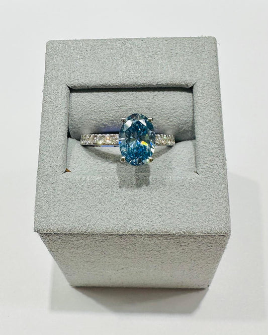 14K GOLD LAB GROWN BLUE OVAL VS1/VS2 DIAMOND RING-  2.50CT
