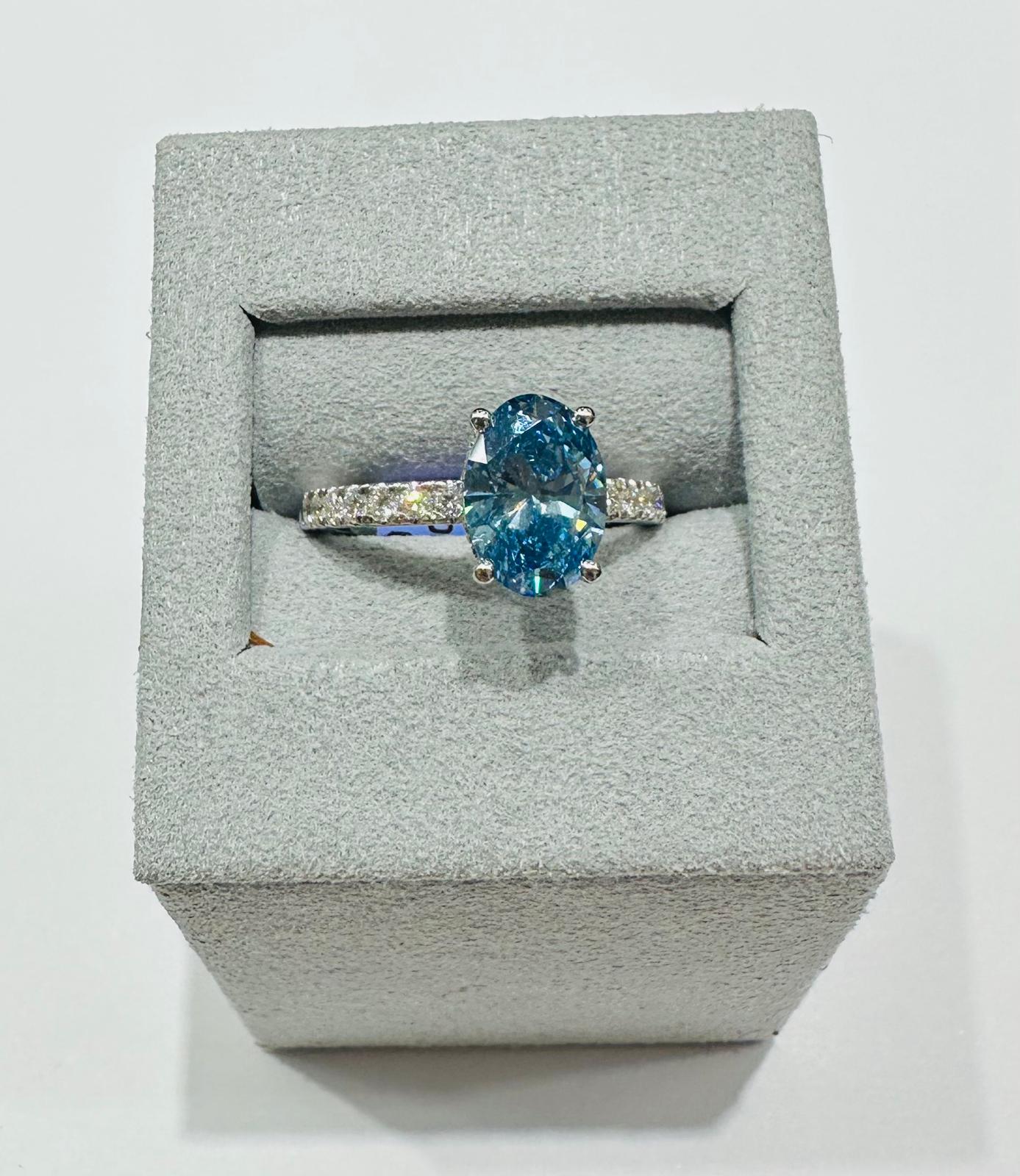14K GOLD LAB GROWN BLUE OVAL VS1/VS2 DIAMOND RING-  2.50CT