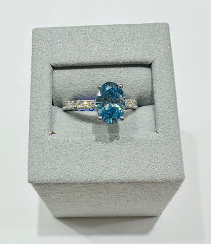 14K GOLD LAB GROWN BLUE OVAL VS1/VS2 DIAMOND RING-  2.50CT