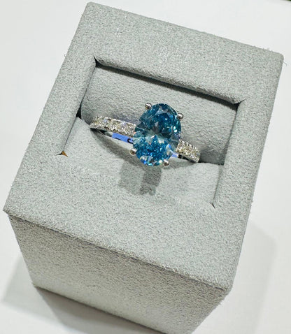 14K GOLD LAB GROWN BLUE OVAL VS1/VS2 DIAMOND RING-  2.50CT