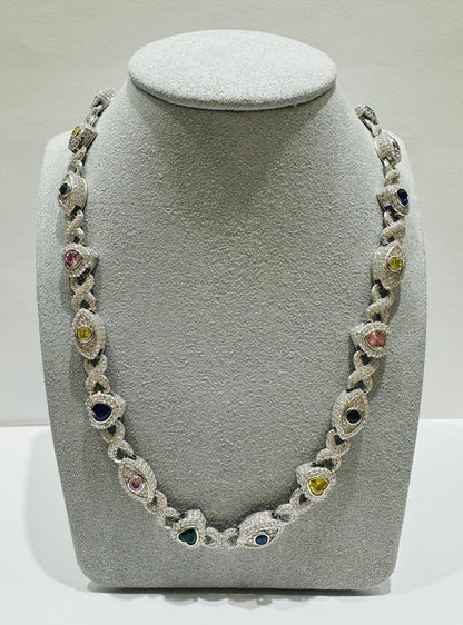 SILVER MOISSANITE HEART & EVIL EYE NECKLACE VVS 15.34CTW  7mm  20"