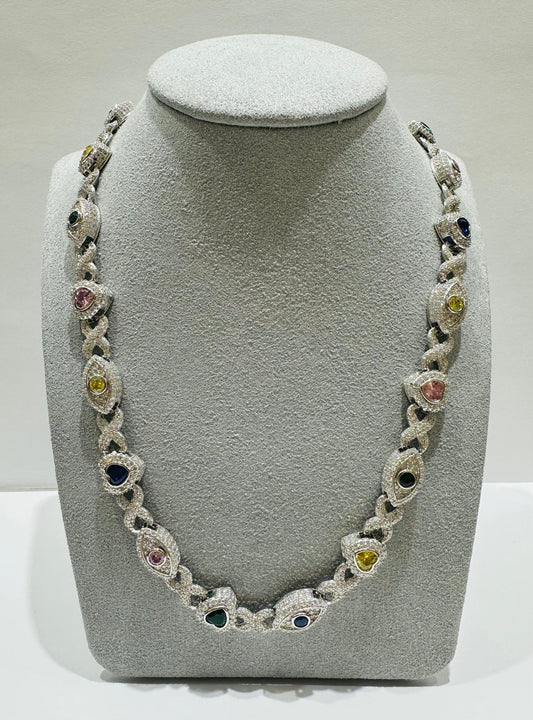 SILVER MOISSANITE HEART & EVIL EYE NECKLACE VVS 15.34CTW  7mm  20"