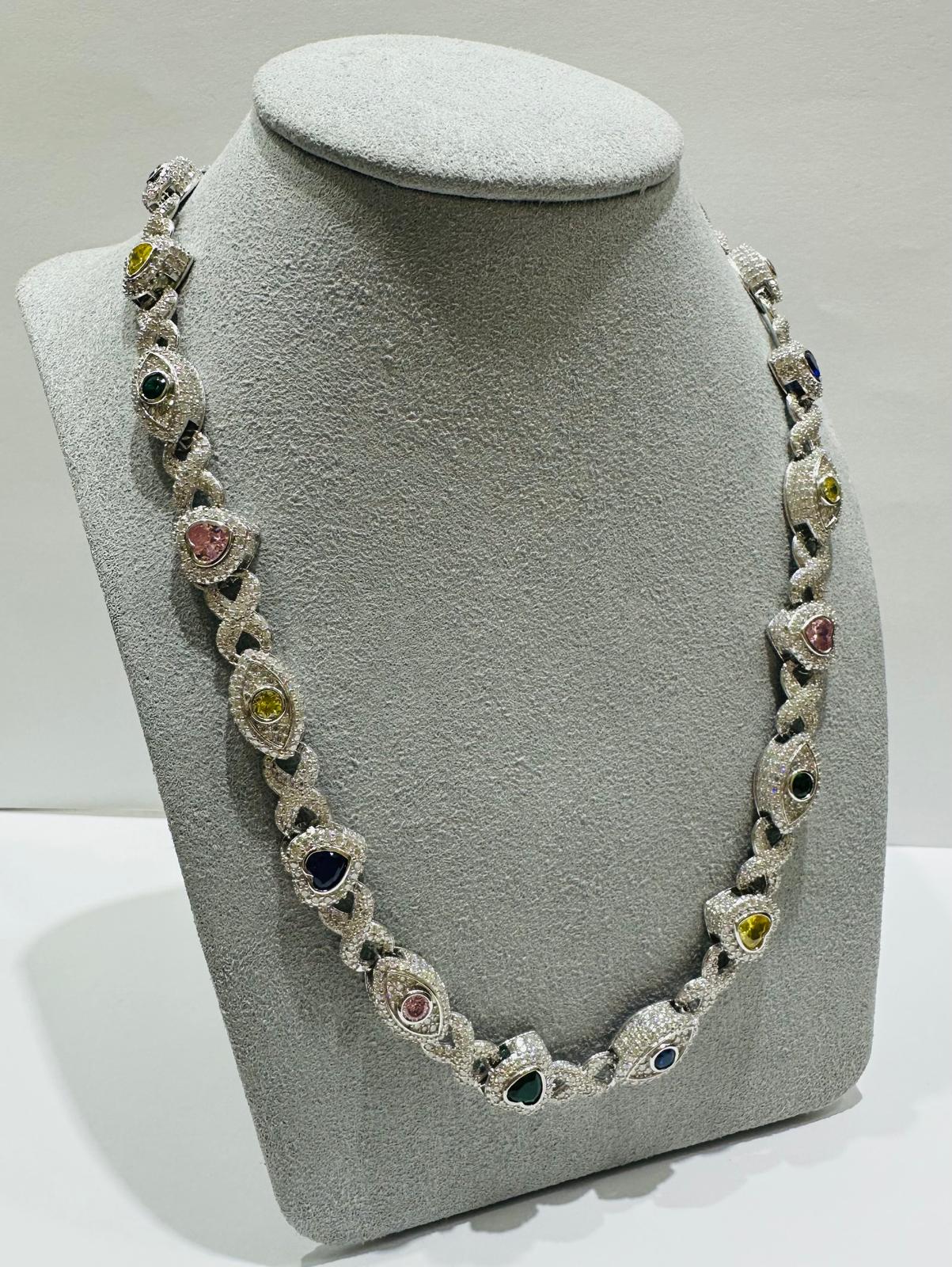 SILVER MOISSANITE HEART & EVIL EYE NECKLACE VVS 15.34CTW  7mm  20"