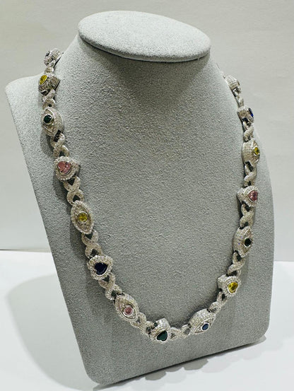 SILVER MOISSANITE HEART & EVIL EYE NECKLACE VVS 15.34CTW  7mm  20"