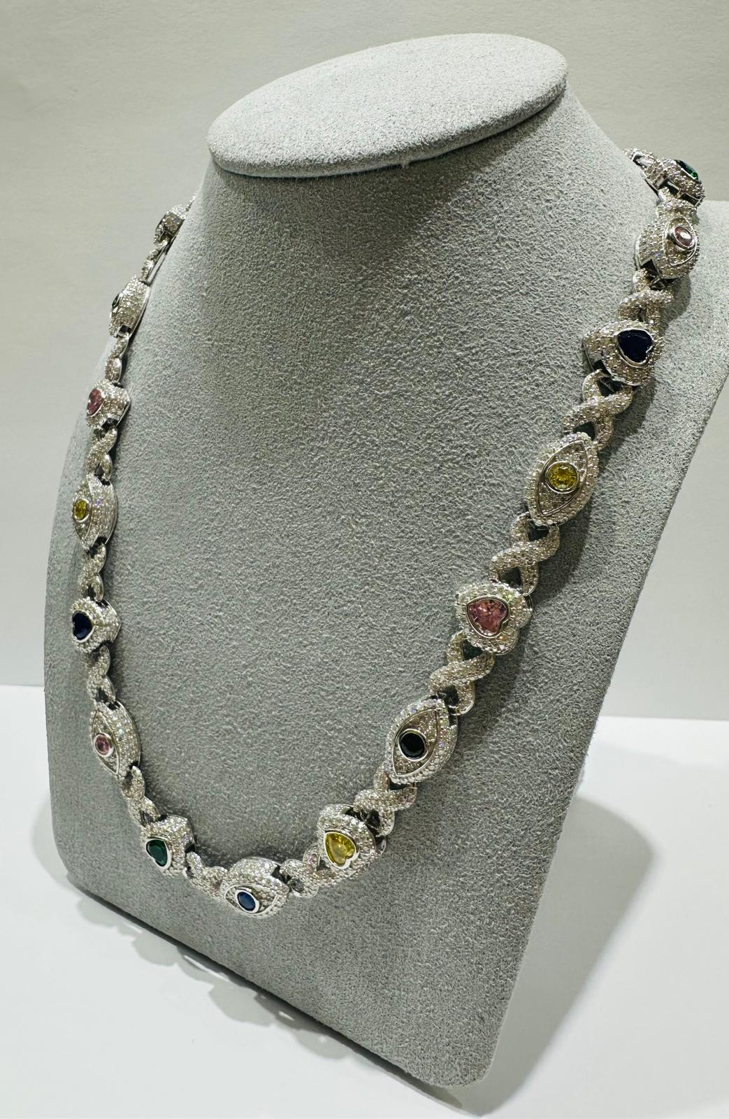 SILVER MOISSANITE HEART & EVIL EYE NECKLACE VVS 15.34CTW  7mm  20"