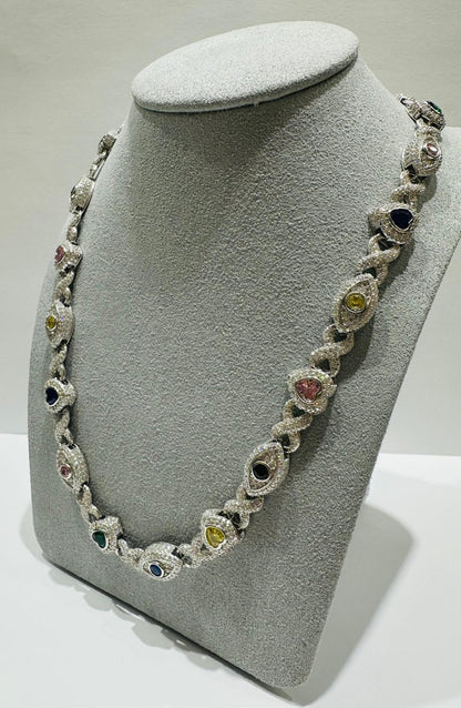 SILVER MOISSANITE HEART & EVIL EYE NECKLACE VVS 15.34CTW  7mm  20"