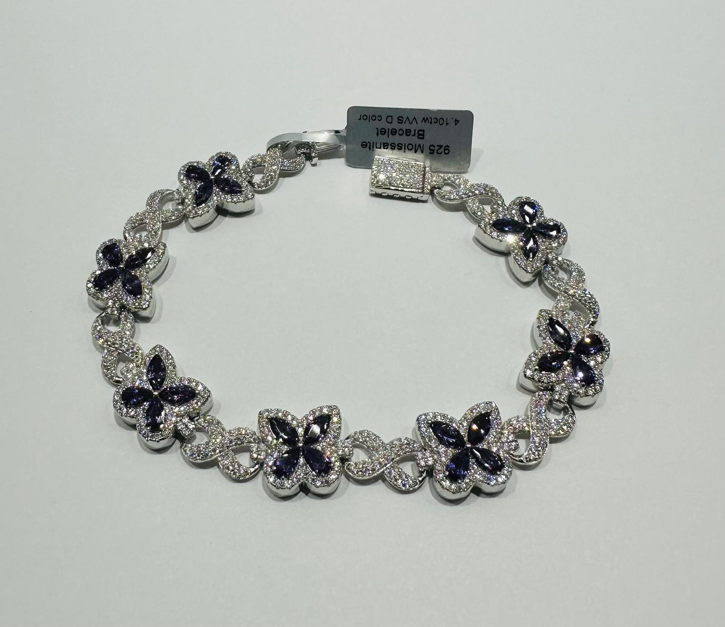SILVER MOISSANITE BUTTERFLY BRACELET VVS   4.10CTW  12mm  7.5"
