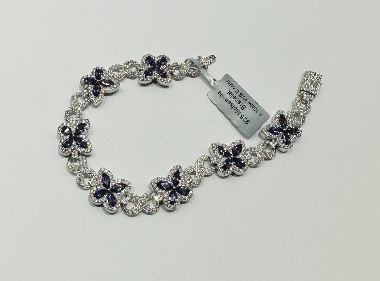 SILVER MOISSANITE BUTTERFLY BRACELET VVS   4.10CTW  12mm  7.5"