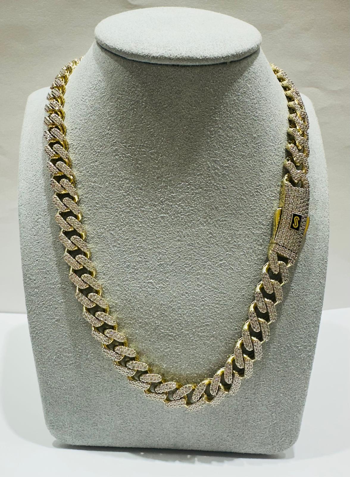 10K GOLD MONACO MIAMI CUBAN LINK CHAIN WITH CZ STONES- WEIGHT: 31.9gm  18"  9.20mm