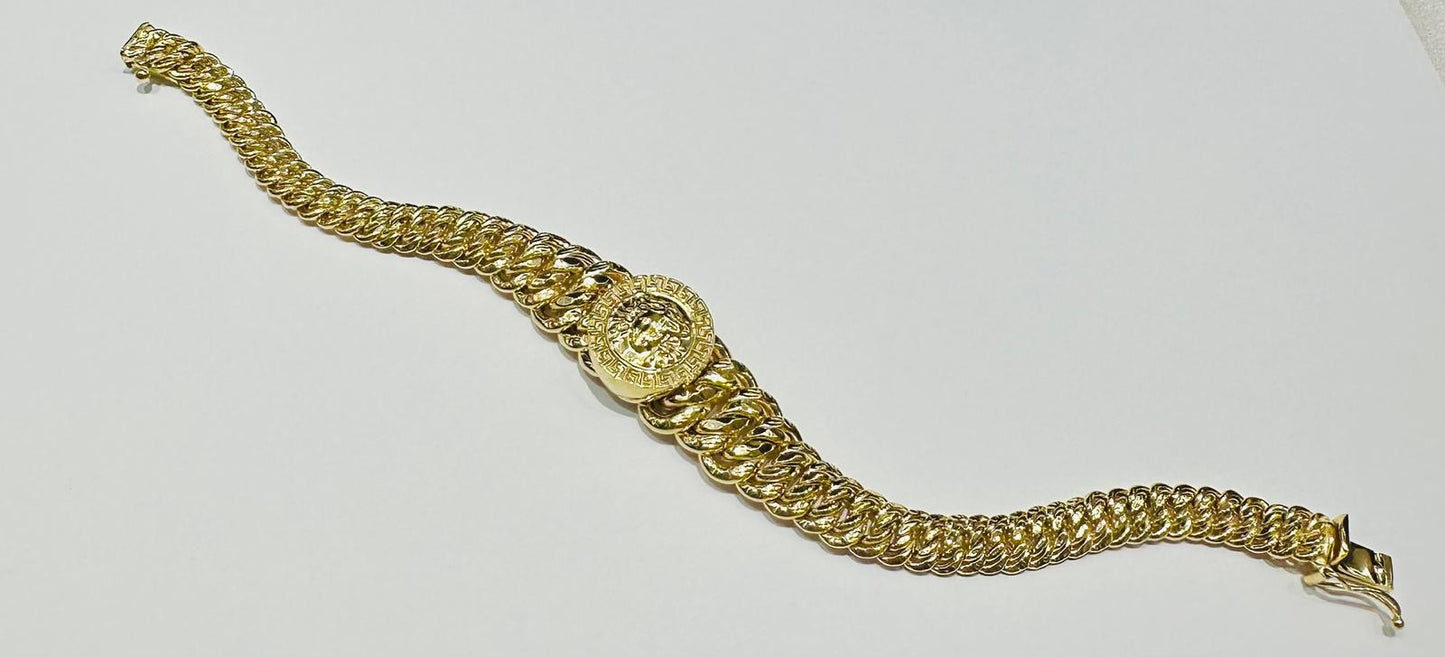 10K GOLD MEDUSA HEAD PRINCESS CUT BRACELET-  8"  WEIGHT: 14.4gm