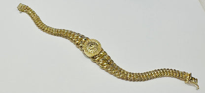 10K GOLD MEDUSA HEAD PRINCESS CUT BRACELET-  8"  WEIGHT: 14.4gm