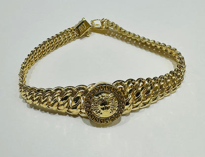 10K GOLD MEDUSA HEAD PRINCESS CUT BRACELET-  8"  WEIGHT: 14.4gm