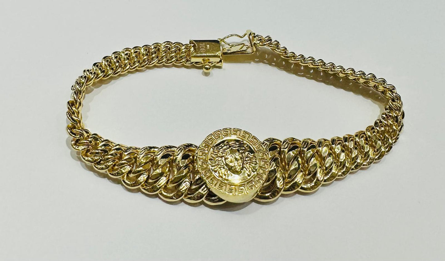 10K GOLD MEDUSA HEAD PRINCESS CUT BRACELET-  8"  WEIGHT: 14.4gm