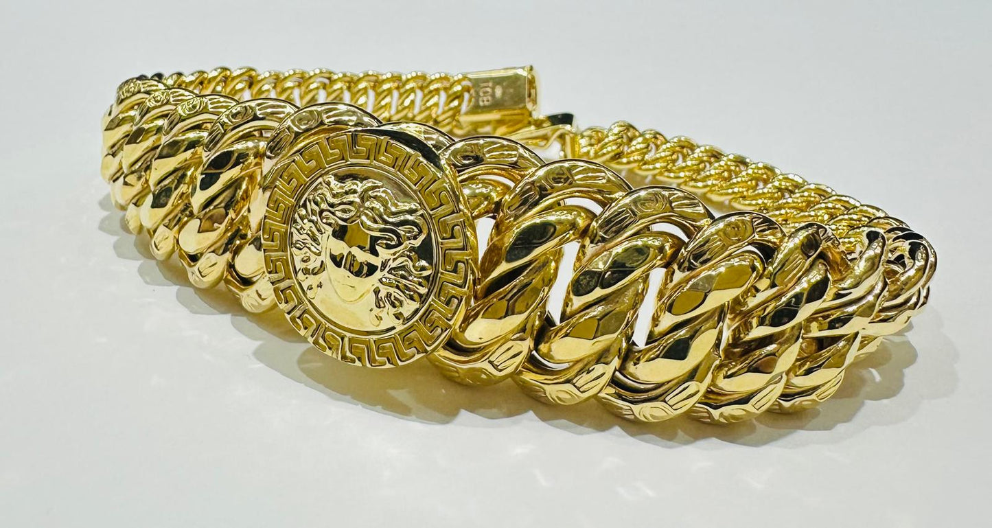 10K GOLD MEDUSA HEAD PRINCESS CUT BRACELET-  8"  WEIGHT: 27.5gm