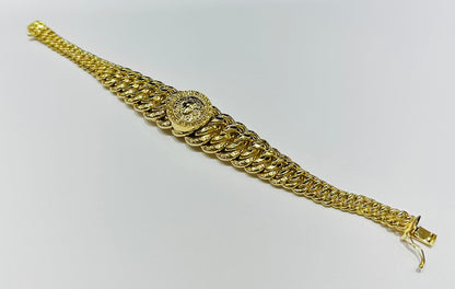 10K GOLD MEDUSA HEAD PRINCESS CUT BRACELET-  8"  WEIGHT: 27.5gm